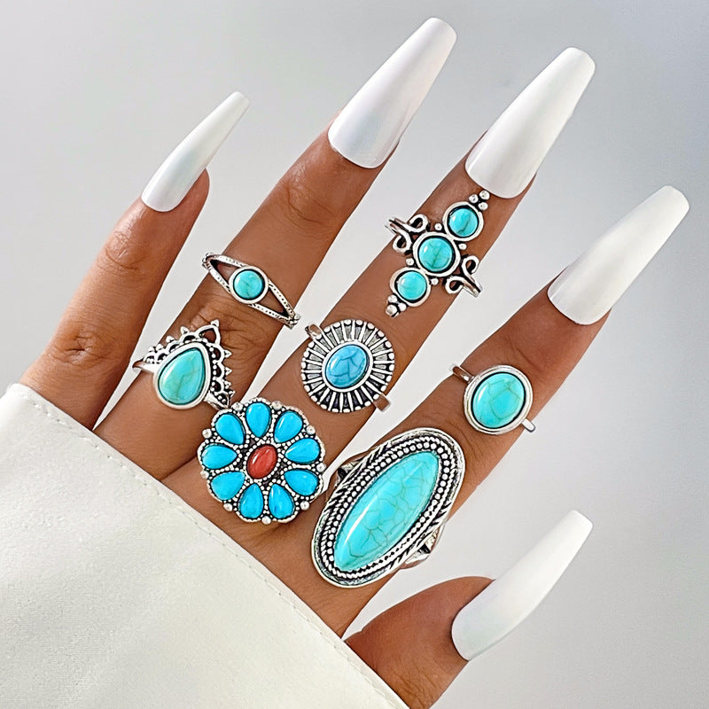 Wholesale new vintage ethnic style inlaid turquoise carved feather ring suit